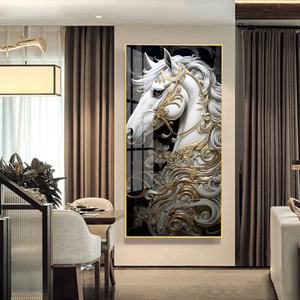 Peinture suspendue LED en porcelaine cristalline irisée, Cheval blanc sur toile, Lumineuse à chaque regard, Art d'ambiance - Product Image 1