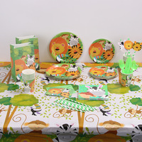 Ensemble de vaisselle jetable pour fête d'anniversaire sur le thème des animaux de la jungle, assiettes en papier PE, gobelets, couverts, motifs d'animaux mignons