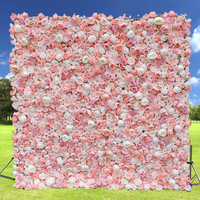 Panneau mural de fleurs artificielles 3D en soie rose rouge, toile de fond décorative enroulable pour mariage, fournisseur