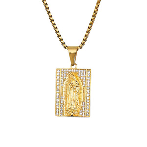 Collier avec pendentif personnalisé en acier inoxydable plaqué or 18 carats et zircon cubique, Vierge Marie, pour hommes et femmes - Product Image 5