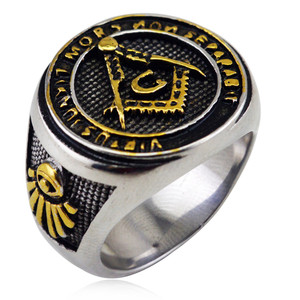 Anillo Masónico Vintage Religioso para Hombre, Anillo de los Masones Libres y Aceptados, Acero Inoxidable, Regalo de Boda para Motociclistas, Chapado en Oro de 18K - Product Image 5