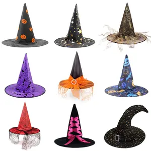 Chapeau de sorcière d'Halloween Sorcier Hommes Femmes Costume Noir Cosplay Party Girl Large Bord Pointu Chapeau Accessoire