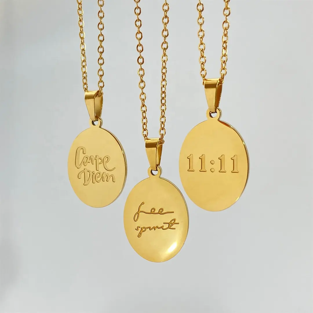 Fashion Personalized Round Pendant Necklace 18K Gold Stainless Steel Custom Text Lucky 11:11 Number Freedom Carpediem Necklace