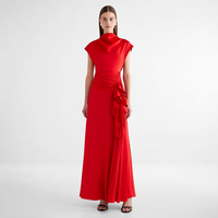 Gaun Maxi Formal Wanita Merah dengan Kerah Draped, Lengan Pendek, Pinggang Berkerut, dan Bagian Depan Draped untuk Acara Spesial