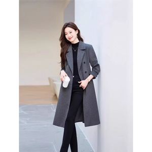 Women's Grey Wool Trench Coat Mid Length Slim Fit Winter Overcoat With Pocket Houndstooth Pattern - Product Image 1