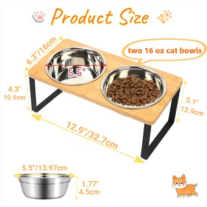 ขาตั้งชามอาหารแมวไม้สแตนเลส ชุดจานอาหารและน้ำสำหรับแมวแบบยกสูง - Product Image 2