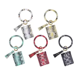 Tùy Chỉnh Womens Rắn Màu Sắc Đầy Màu Sắc Keychain Vòng Tròn Cổ Tay Da Dây Đeo Dây Đeo Cổ Tay Vòng Tay Màu Đen Dây Đeo Chìa Khóa Với Vòng Chìa Khóa