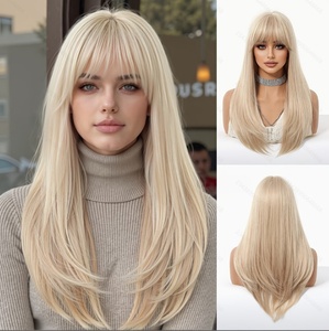 Perruque longue et volumineuse pour femme, style européen et américain, avec frange droite et cheveux superposés, couvrant entièrement la tête, densité 150%, avec bonnet en maille à boutons - Product Image 2