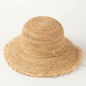 New Summer Fisherman Hat Crochet Raffia Grass Small Rough Straw Beach Hat with Bow <b>String</b> - Product Image 4
