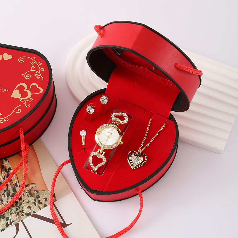 4-Piece Set (Watch Necklace Earrings Ring)-C Model [Red]