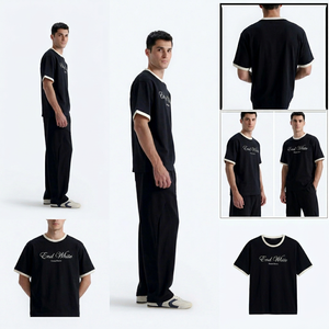 เสื้อยืดโอเวอร์ไซส์สีดำสำหรับผู้ชาย แขนสั้น คอกลม แต่งขอบตัดกัน ผ้าฝ้ายเจอร์ซีย์ 100% เป็นมิตรกับสิ่งแวดล้อม ป้องกันรอยยับ น้ำหนัก 240 กรัม สไตล์มินิมอล - Product Image 5