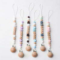 Hochet et anneau de dentition pour bébé en bois de hêtre naturel, lot de 2, avec attache étoile gonflable et chaîne de sucette en silicone pour apaiser les nouveau-nés