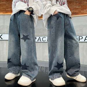 Vêtements pour enfants, jeans imprimés teints en pièce pour garçons, nouvelle mode 2025, style tendance, pantalon long ample pour grands enfants - Product Image 3