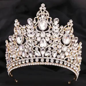 Hiasan kepala berlian mahkota tinggi logam dekoratif perak Tiara besar Ratu Ulang Tahun Pernikahan mahkota kontes kecantikan mempelai wanita Miss Universe