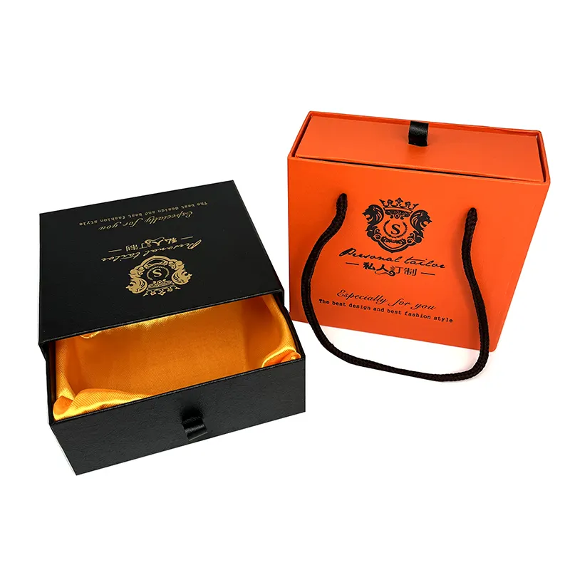 Cajonera portátil de cartón de alta calidad, caja de regalo con logotipo dorado y cinta