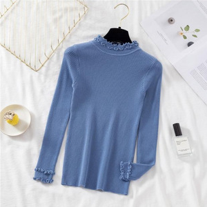 Venta al por mayor Otoño e Invierno Nuevo Slim-Fit Medio cuello alto Suéter Mujer Manga larga con borde de volantes apretado Camiseta de punto - Product Image 5