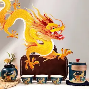 Customization factory price business travel ceramic tea set with China dragon pattern with box picking