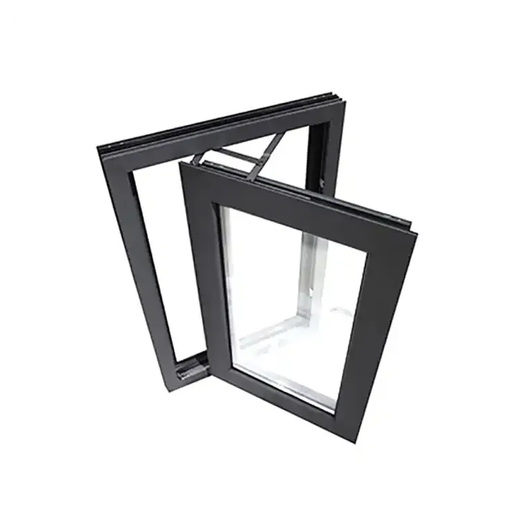 Ventana de bisagra de vidrio de un solo panel Ventana abatible de aluminio fijo con marco secundario de color negro