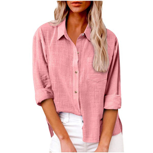 Nuova <span class=keywords><strong>Camicia</strong></span> da <span class=keywords><strong>Donna</strong></span> in Stile Europeo e Americano, Casual, Tinta Unita, con Tasche e Spacchetti, Bottoni, in Cotone e <span class=keywords><strong>Lino</strong></span>, Maniche Lunghe - Product Image 5
