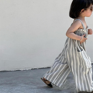 Mono de tirantes sin mangas de vendaje informal para niñas, monos con estampado de rayas a la moda, pantalones largos, ropa para niños - Product Image 4