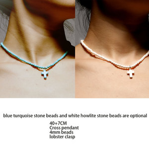 Collana girocollo incrociata con ciondolo a croce fatta a mano blu turchese e bianco <span class=keywords><strong>Howlite</strong></span> 4mm - Product Image 3