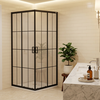 Porte de douche coulissante carrée Hotaqi avec verre trempé, finition noir mat avec cadre, fermeture douce, pierre artificielle pour salle de bain