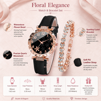 Set Perhiasan Jam Tangan Wanita 2 Buah Mewah Jam Tangan Kuarsa Berlian Imitasi Bunga Campuran Emas Mawar Gelang Kristal Hati Hadiah Fashion