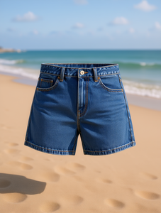 Shorts de mezclilla de cintura alta para mujer, de pierna recta, lavado a la piedra, de algodón, casuales, transpirables, de corte regular, jeans azules con botones - Product Image 2