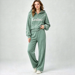 LEDUO Custom, Women Hooded Zip <b>Top</b> & Wide Leg <b>Trousers</b>, Leisure Clothing, Casual Daily Garment, Custom Ladies Sport Wear - Product Image 2