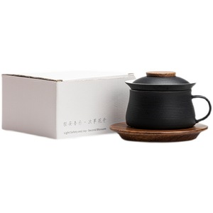 Service à thé en céramique trois pièces « Trois Significations et Mille Régnes », en porcelaine blanche avec plateau en bois, cadeau de bureau - Product Image 5