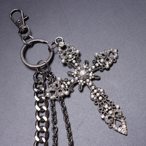 Multi Layered Gunmetal Rhinestone <b>Cross</b> Trouser <b>Chain</b> For Daily Wear Hip Hop Style Zinc Alloy Waist <b>Chain</b> With Double Ring - Product Image 4