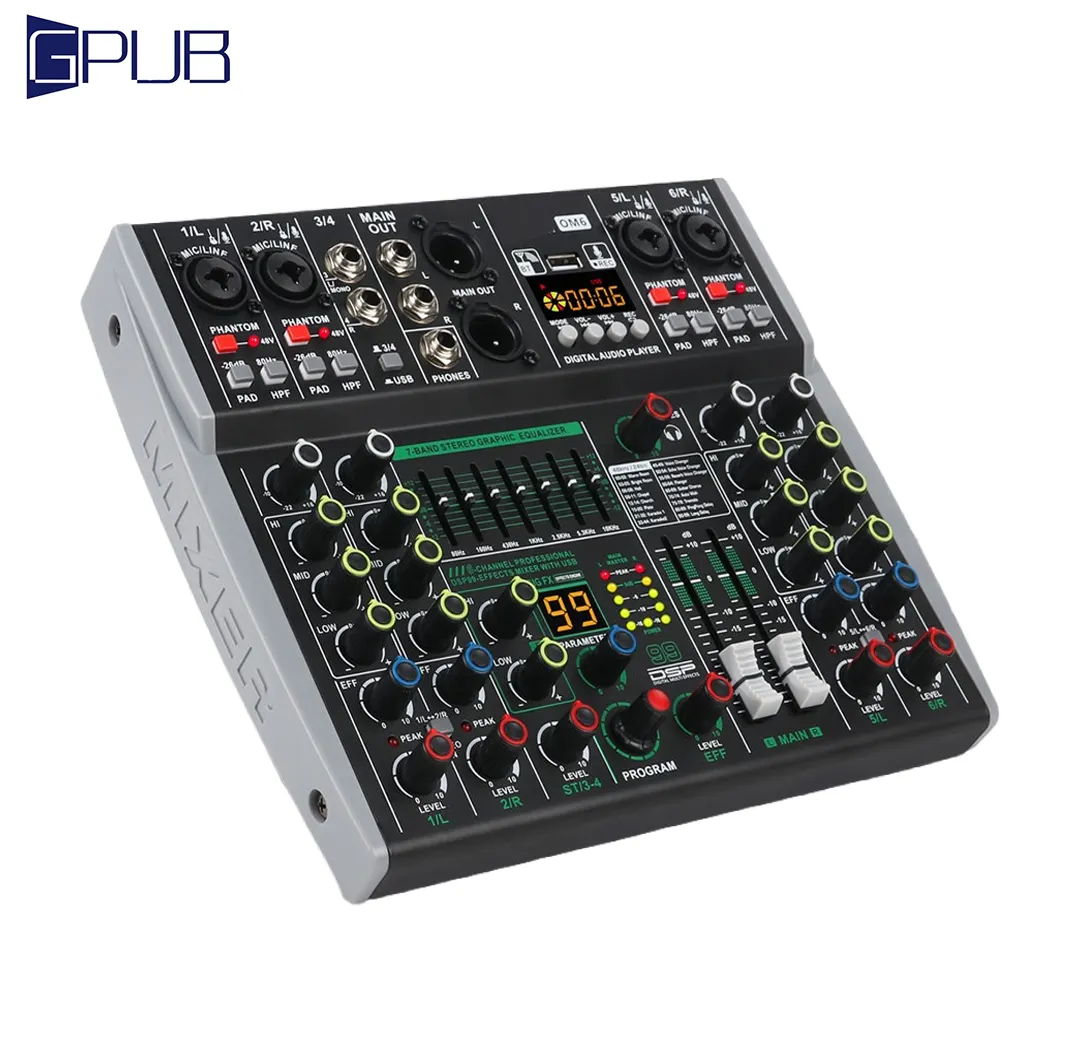 Chuyên nghiệp 6 kênh âm thanh mixer trộn giao diện điều khiển DJ điều khiển âm thanh giao diện điều khiển Mixer cho được xây dựng trong 99 DSP hiệu ứng
