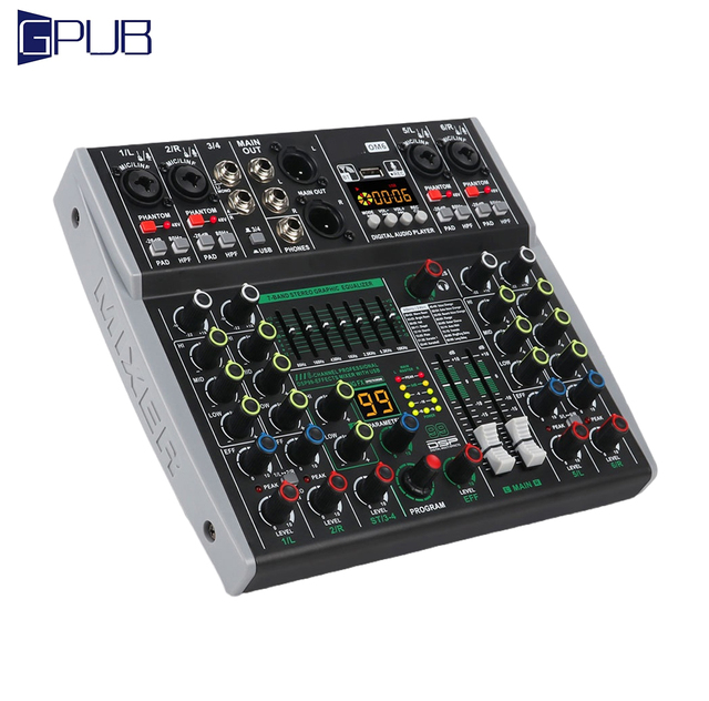 XTUGA OM6 Professional 6-Channel Audio Mixer LCD Display MP3 Player 7-Band Graphic Equalizer Built-in 99 DSP Effects-Portable