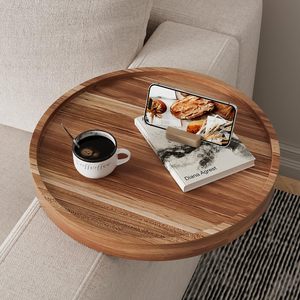 <span class=keywords><strong>Table</strong></span> de canapé en bois d'acacia, plateau de rangement de canapé rond réglable de 11.8 pouces pour le vin, les boissons, les livres et le canapé Trayble pour manger - Product Image 2