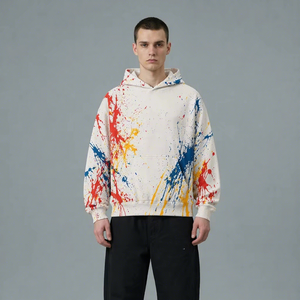 OEM ODM <b>Men's</b> <b>White</b> Oversized <b>Hoodie</b> With Colorful Paint Splatter Print And Kangaroo Pocket custom logo - Product Image 3
