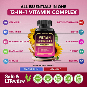 Cápsulas Veganas de Vitamina B12 + <span class=keywords><strong>Complejo</strong></span> <span class=keywords><strong>B</strong></span> 12 en 1 de Marca Privada con Certificación GMP de Rosebest, Suplemento de Apoyo Energético para Hombres y Mujeres - Product Image 2