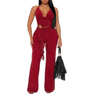 Ensemble deux pièces rouge personnalisé 2026 pour femme, haut dos nu et pantalon à nouer, tenue de soirée sexy en tissu crêpe respirant - Product Image 1