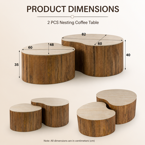 Ensemble de tables basses gigognes Japandi Wabi Sabi avec base en bois nervuré, finition aspect travertin, esthétique naturelle, tables centrales pour salon - Product Image 3