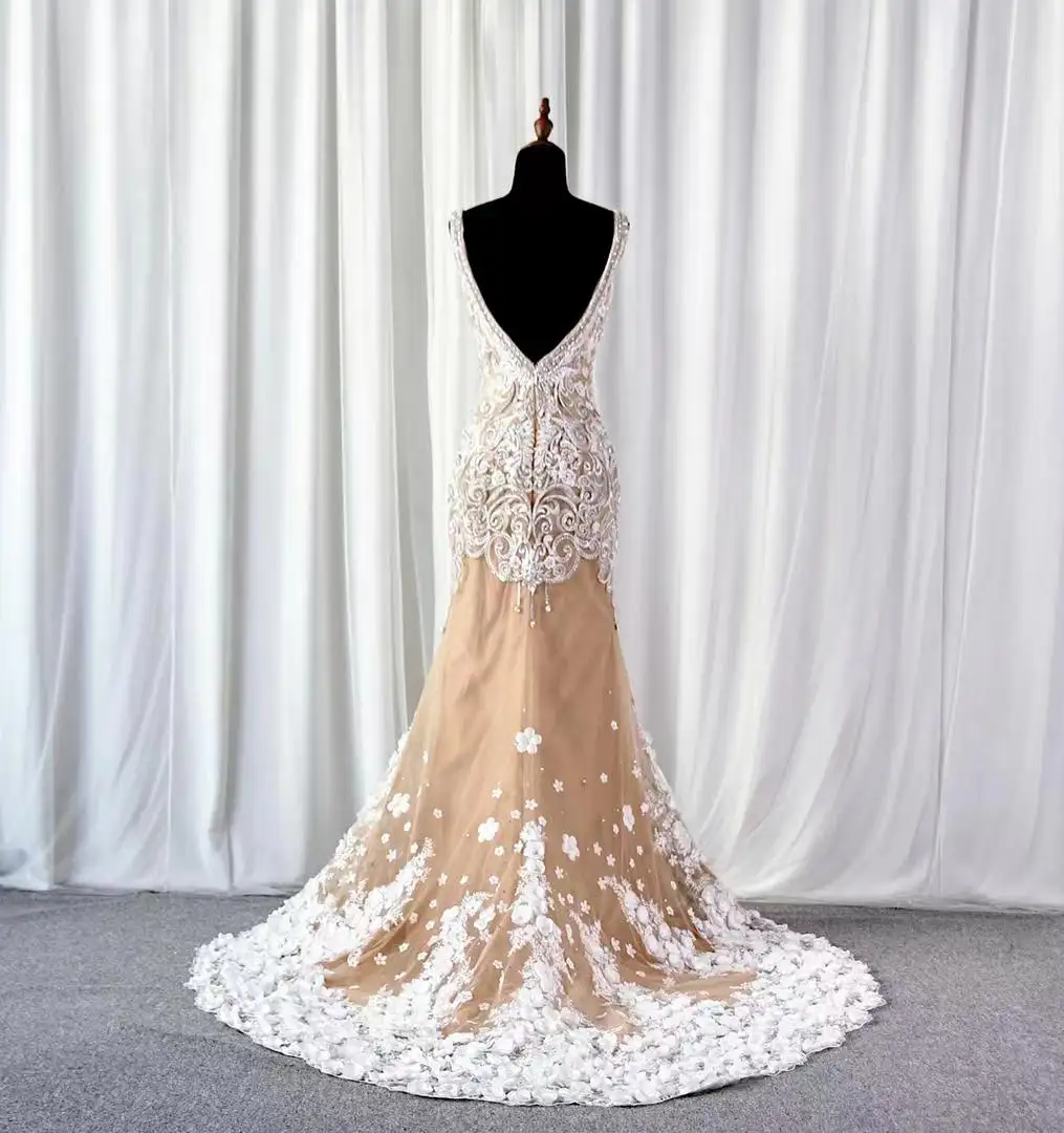 Кружевное дышащее современное свадебное платье А-силуэта с V-образным вырезом и открытой спиной Свадебные платья для невесты без рукавов
