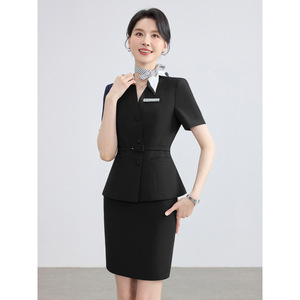 Women's Navy Short Sleeve Suit Set With Skirt Reception Uniform For Hotel Office Jewelry Store Summer 2026 QYWZ-6-2626 - Product Image 3