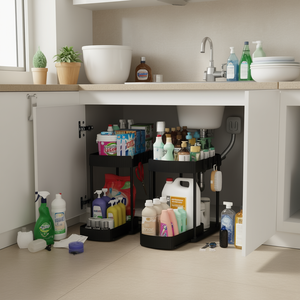 Organizador de almacenamiento extraíble negro, paquete de 2, 12.8 pulgadas, para baño, cocina, fregadero, multiusos, con 2 estantes - Product Image 2