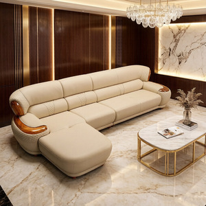 Canapé d'angle de luxe classique en cuir pleine fleur, durable, inclinable, style européen pour salon - Product Image 1