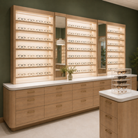 Vitrine de présentation personnalisée pour montures de lunettes avec niches murales éclairées, panneaux miroirs et armoires à tiroirs