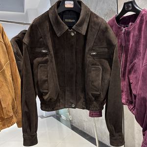2025 automne surdimensionné daim veste femmes en cuir véritable Bomber veste <span class=keywords><strong>femme</strong></span> marron foncé daim cuir veste - Product Image 1