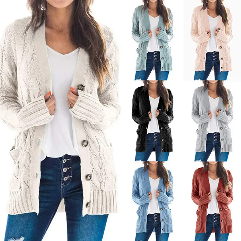 14 Color chunky outwear coat long sleeve open front cardigan sweater women with big pocket