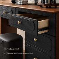 Ensemble coiffeuse vintage en noyer noir avec miroir rond et armoire de rangement, bureau de maquillage en bois avec tiroirs pour chambre à coucher