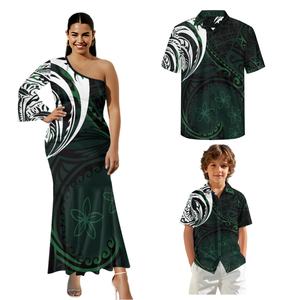 Personnalisation exclusive famille Couple correspondant tenues vêtements polynésien Tribal <span class=keywords><strong>tatouage</strong></span> conception une épaule Chic robe de soirée - Product Image 2