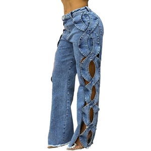 Women's Side Hollow S <b>Line</b> Denim Patchwork Pants <b>Jeans</b> Fashion - Product Image 2