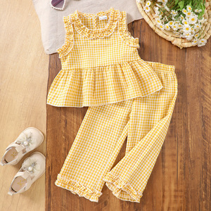 Nouvel ensemble d'été 2025 pour fille : Haut sans manches à carreaux tendance et décontracté + Pantalon – Tenue mignonne - Product Image 1