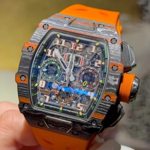Montre mécanique chronographe squelettée robuste, boîtier en fibre de carbone, bracelet en caoutchouc orange, montre pour homme - Product Image 3